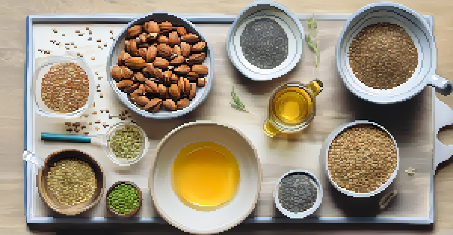 An overhead view of a kitchen countertop with flaxseeds, walnuts, chia seeds, and a notebook.