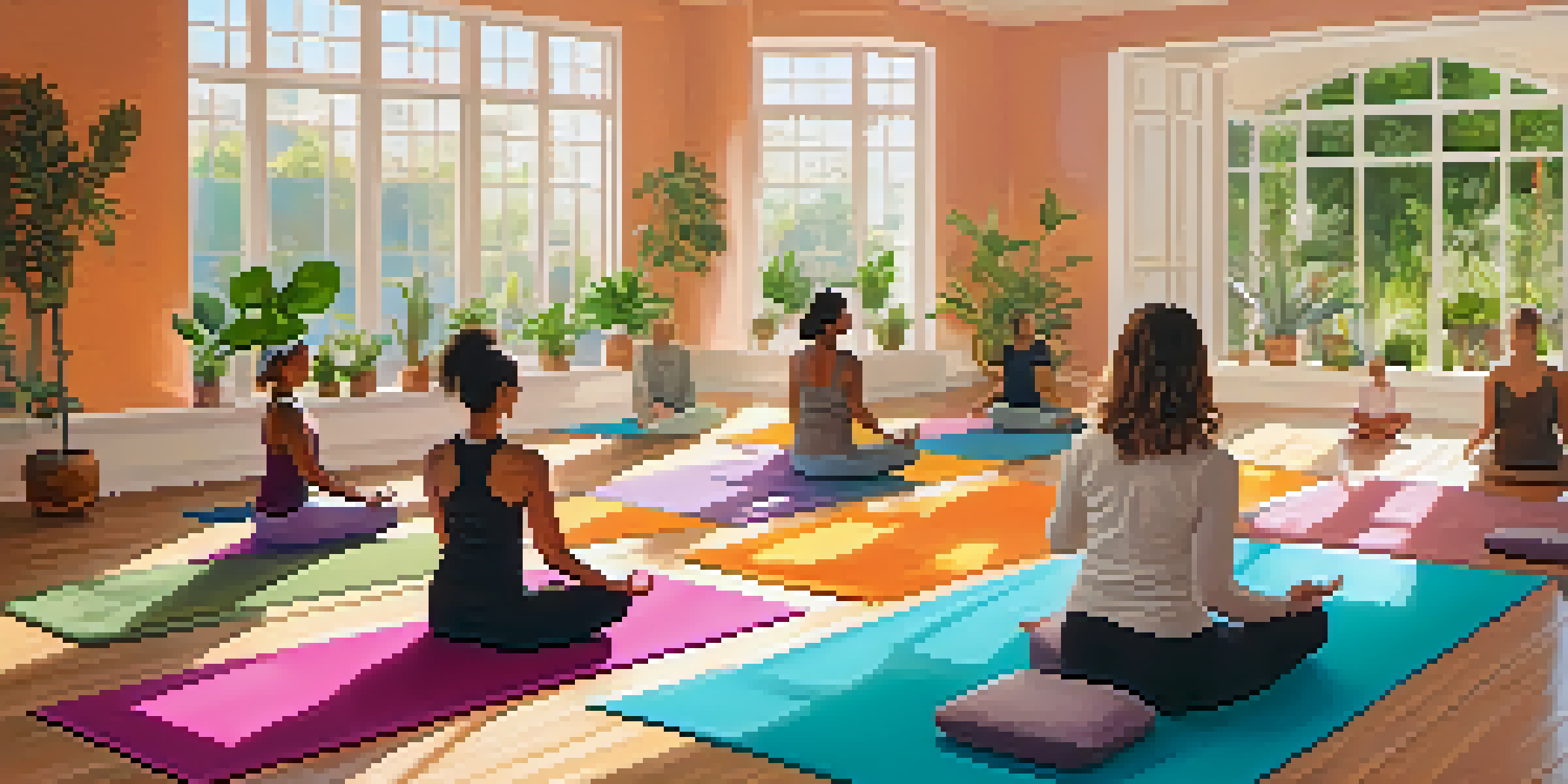 A peaceful yoga studio with people practicing restorative yoga, surrounded by plants and warm sunlight.
