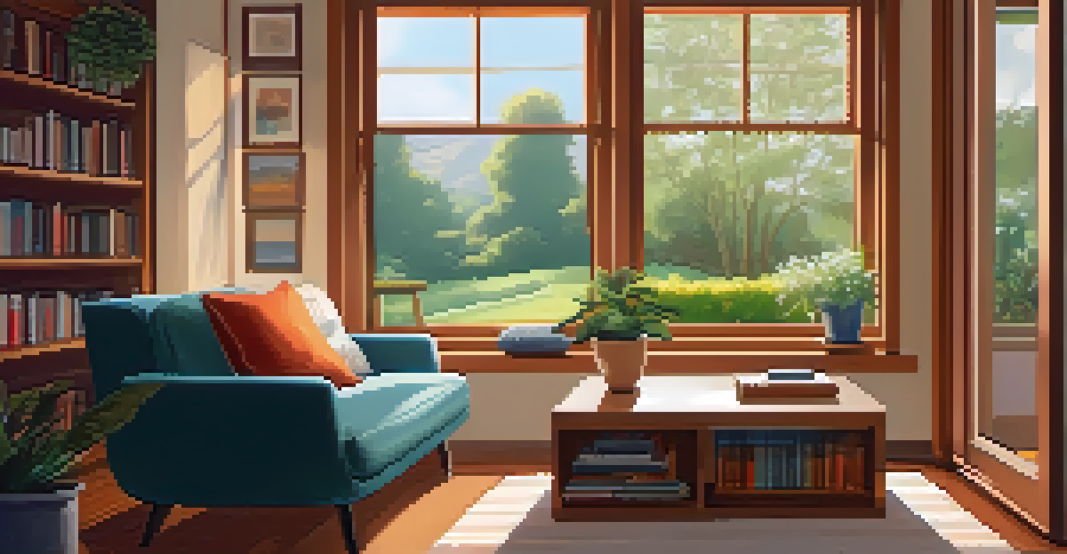 A person meditating in a cozy living room with a view of a garden, surrounded by warm colors and cushions.
