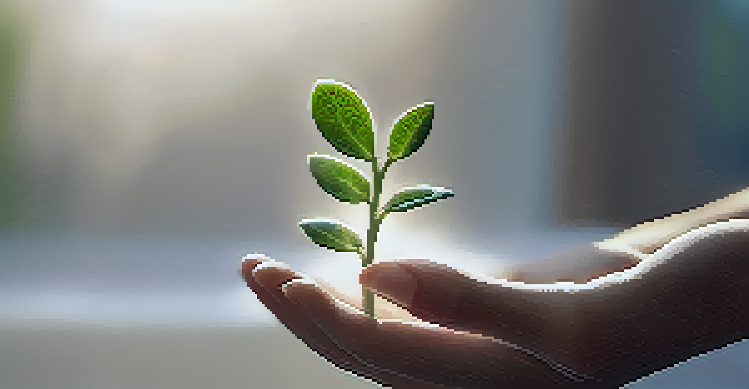 A hand gently holding a small green plant against a softly blurred bright background.
