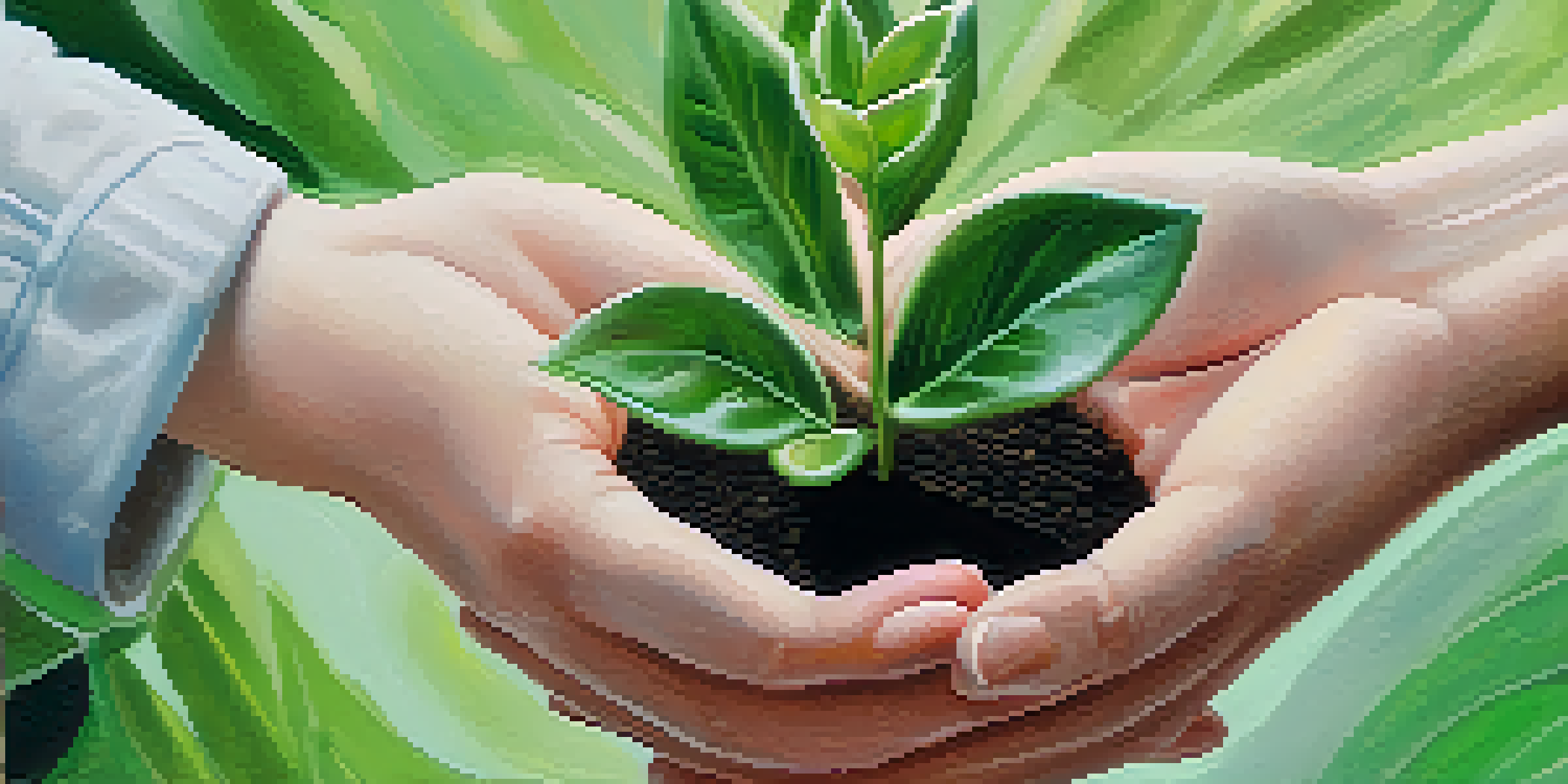 A close-up of diverse hands exchanging a small plant, symbolizing support and growth in recovery.