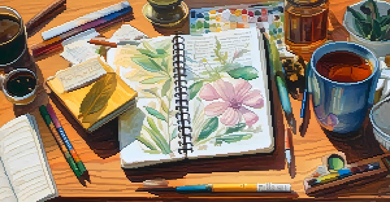 A cozy workspace with a journal, tea cup, and art supplies, illuminated by natural light from a window.