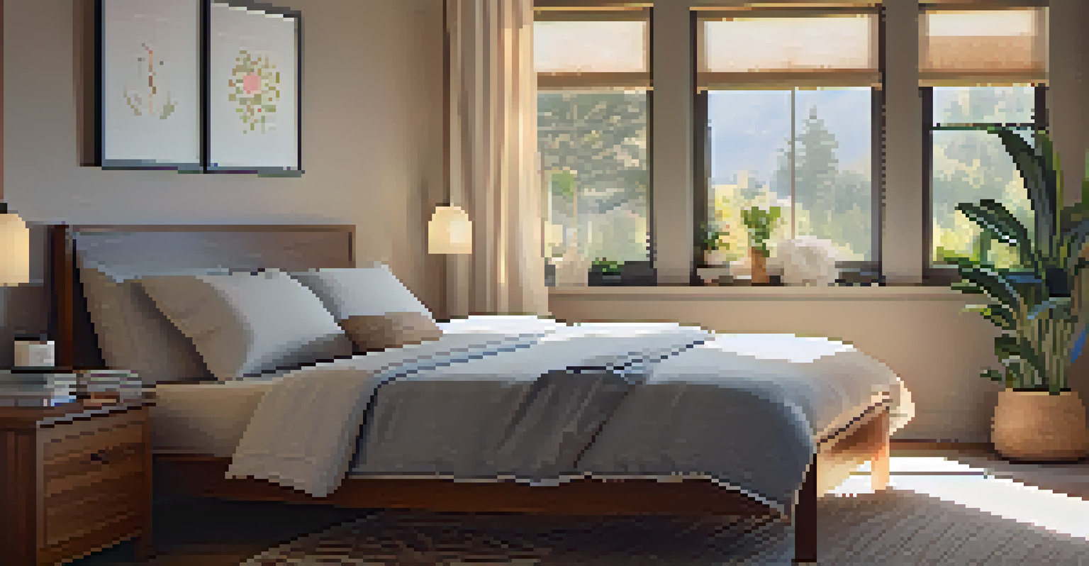 A cozy bedroom with soft bedding and warm sunlight, emphasizing a peaceful atmosphere for restful sleep.