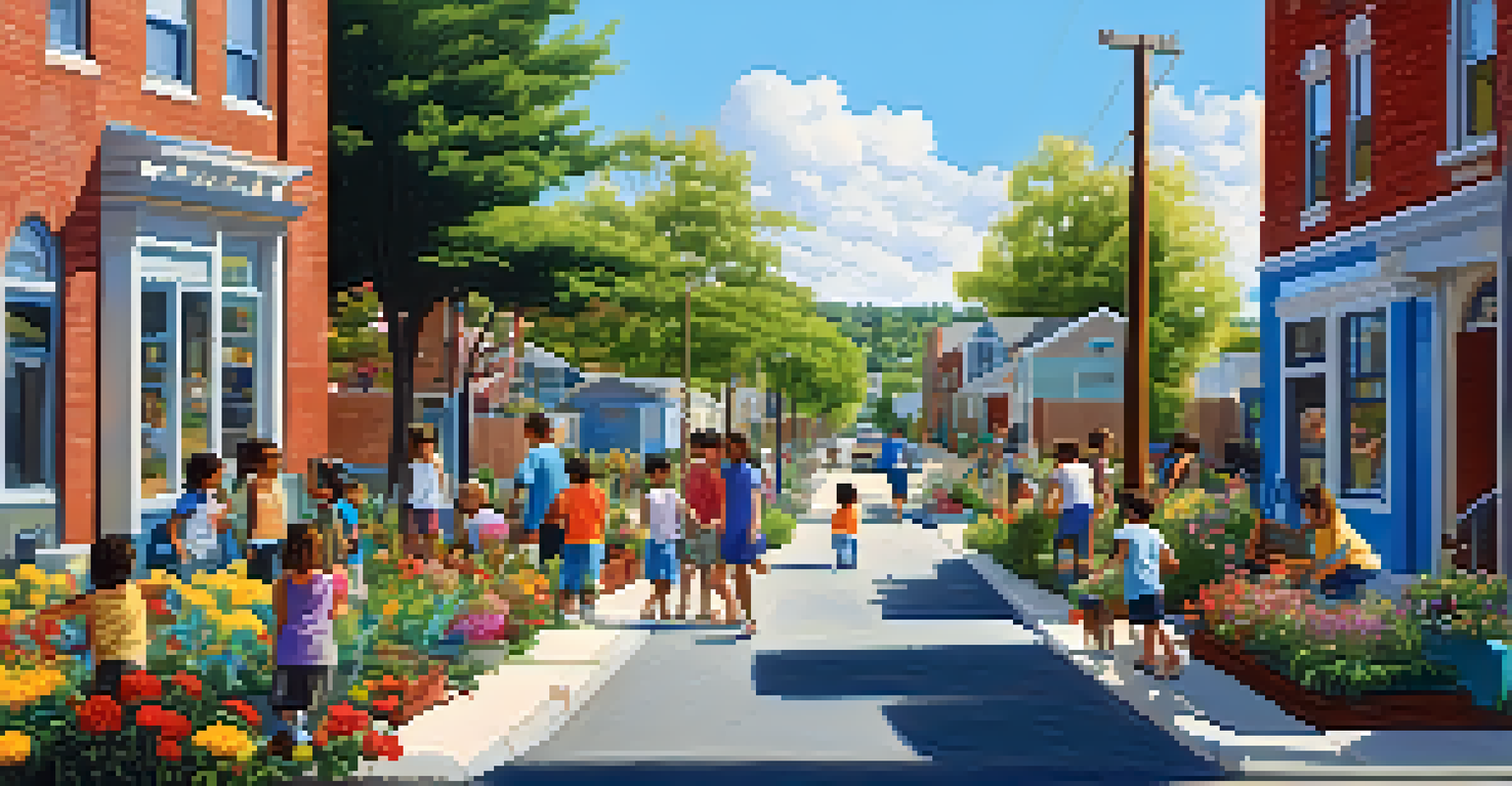 A lively street scene with children playing near a school and a community garden, showcasing the vibrancy of a low-income neighborhood.