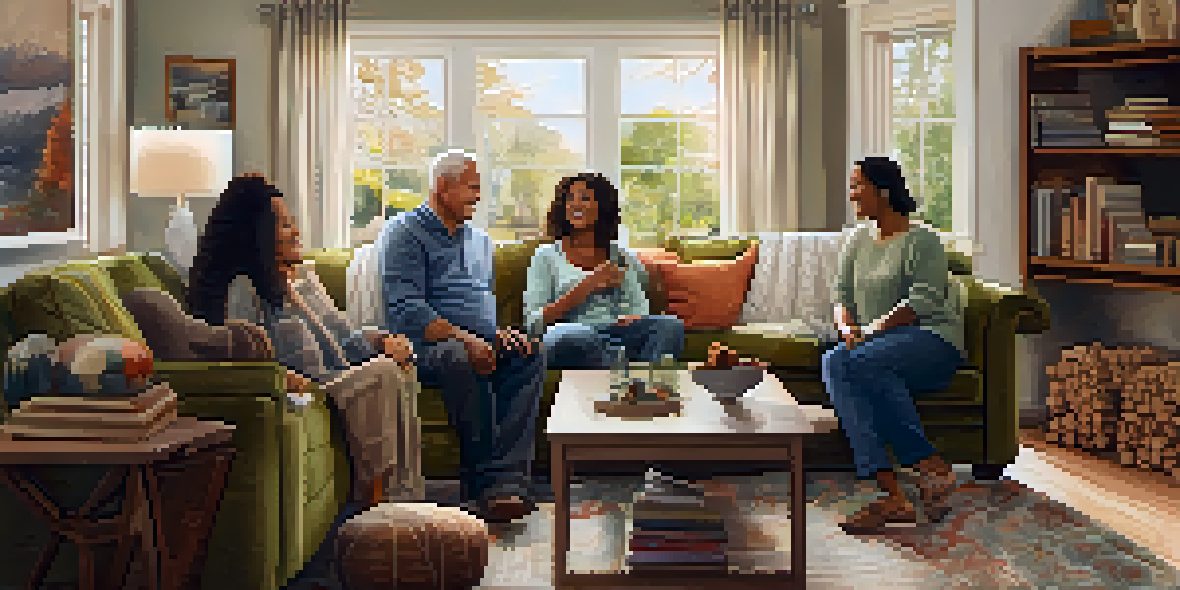 A family gathering in a cozy living room, showcasing different generations interacting positively.