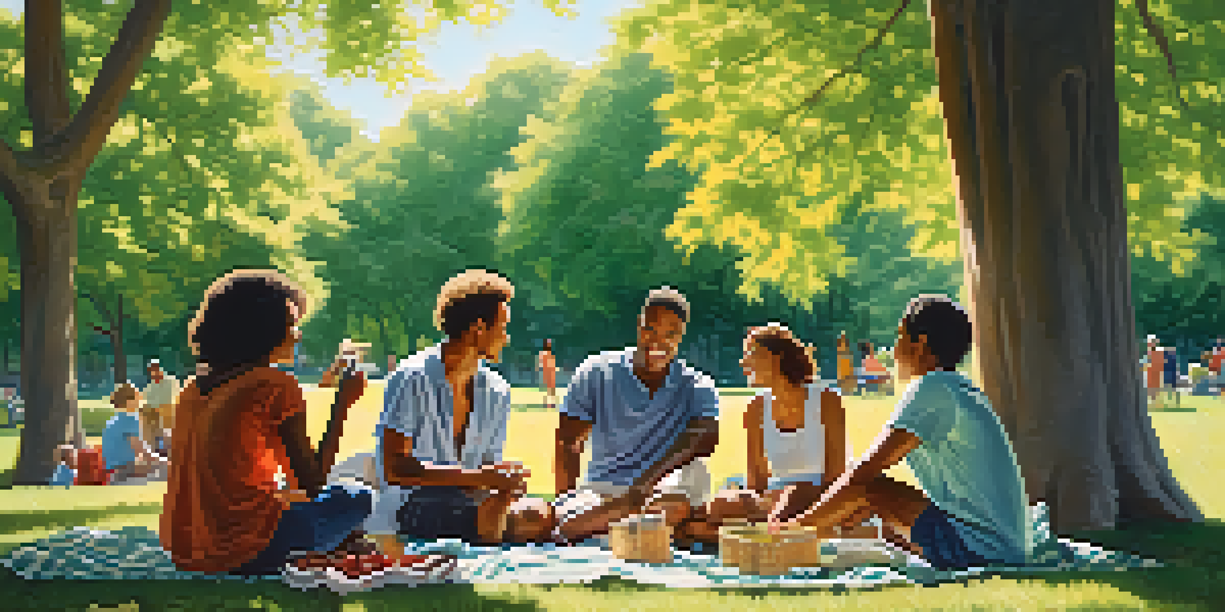 A diverse group of people sitting on a picnic blanket in a park, engaged in supportive conversation, surrounded by nature.