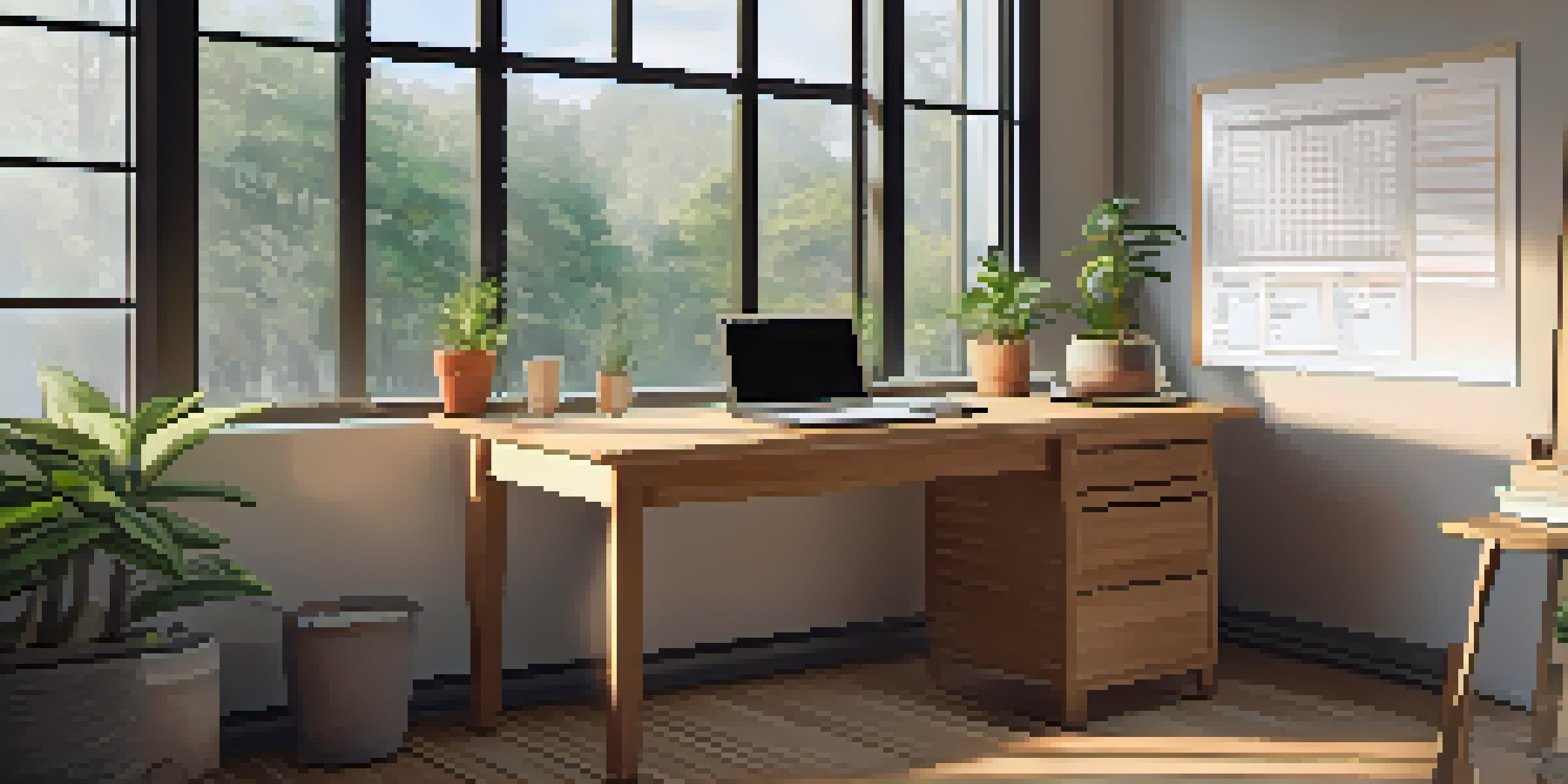 A peaceful workspace featuring a wooden desk with an open laptop displaying a budget spreadsheet, a potted plant, and natural light streaming in from a window.