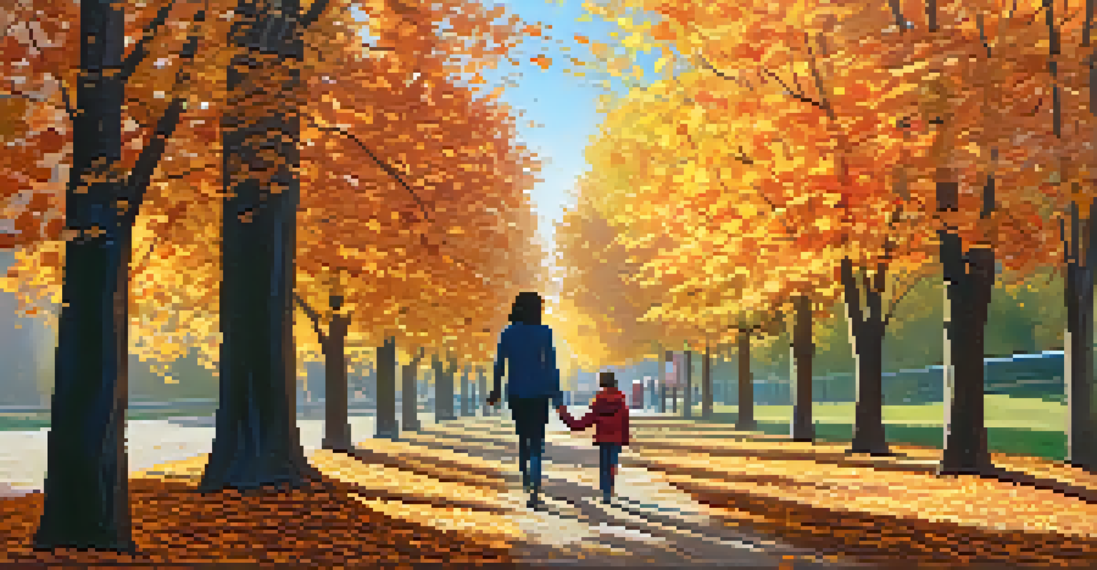 A parent and child walking hand-in-hand in a colorful autumn park, enjoying their time together.