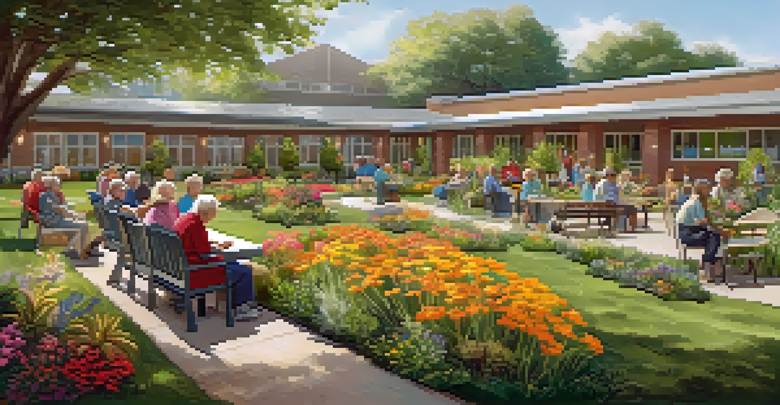 Residents participating in a gardening activity in a bright outdoor space of a long-term care facility, creating a sense of community and healing.