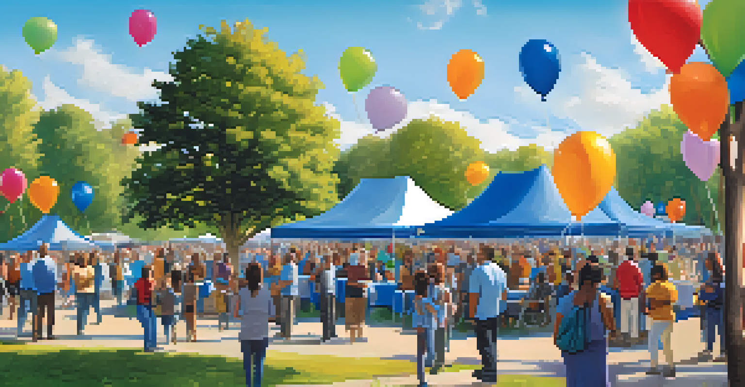 A lively outdoor community event promoting addiction awareness, with people engaging at booths and enjoying the sunny park setting.