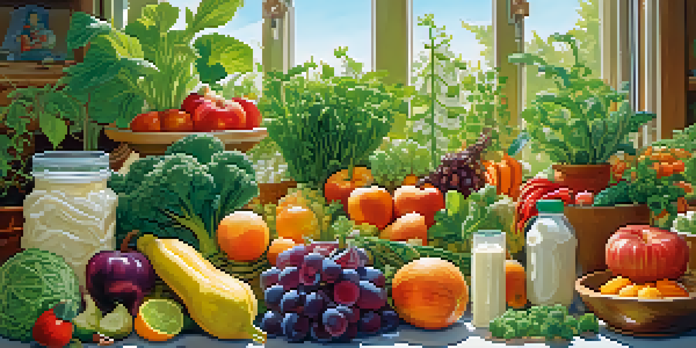 A colorful illustration of a healthy gut garden with fruits, vegetables, and fermented foods surrounded by greenery and sunlight.