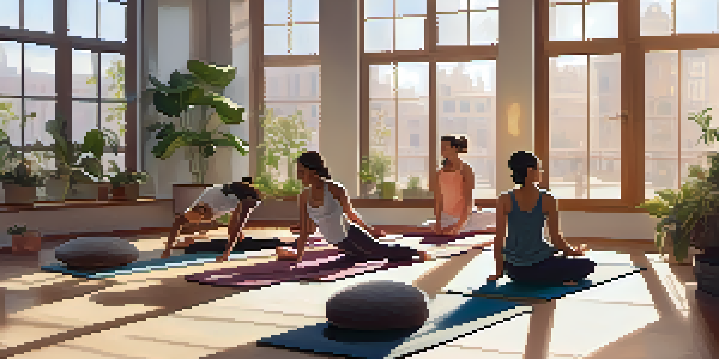 A peaceful yoga class with people practicing gentle yoga poses in a bright and airy room, surrounded by greenery.
