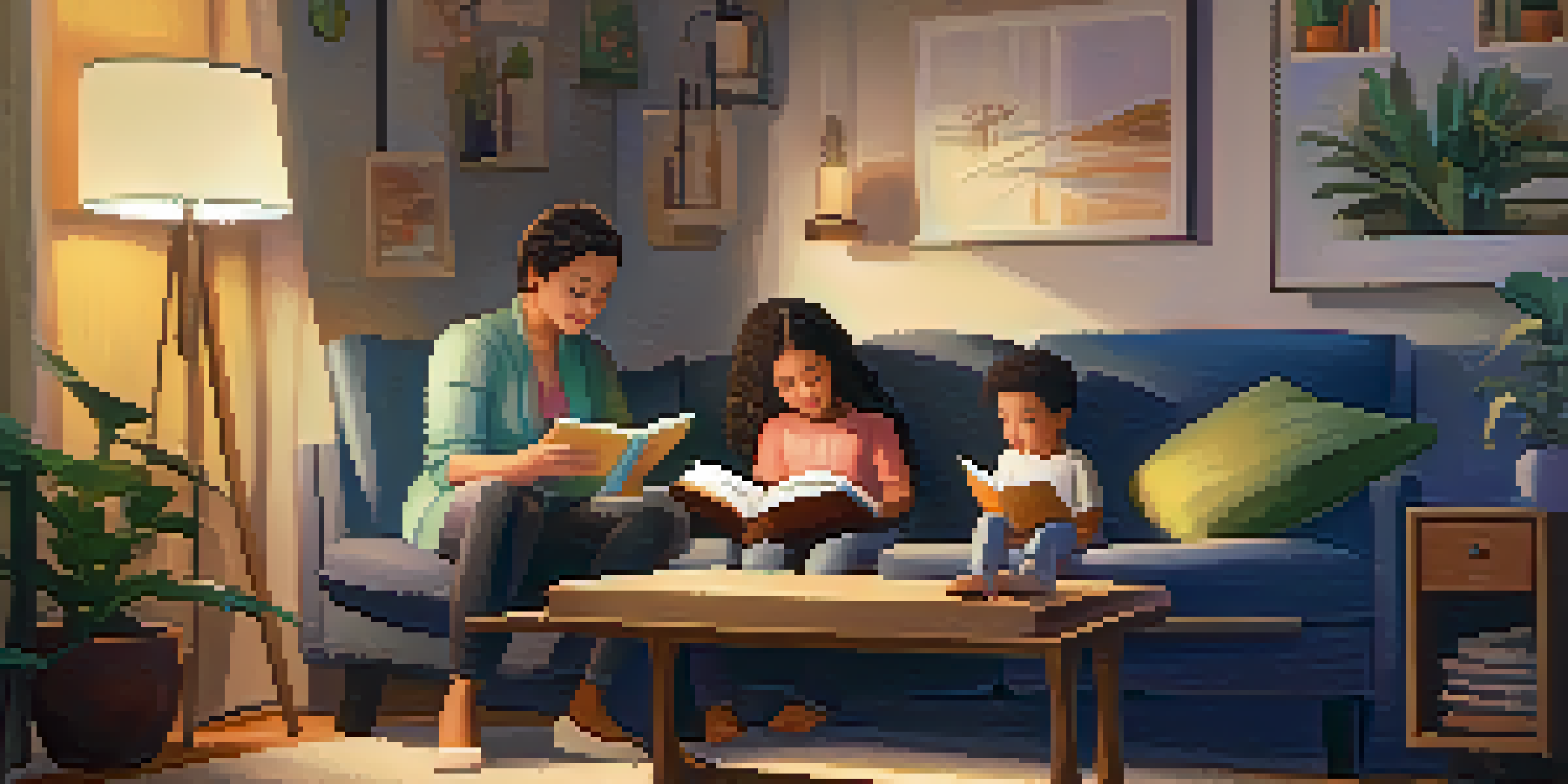 A parent and child sitting together on a cozy couch, reading a book in a warm and nurturing environment.