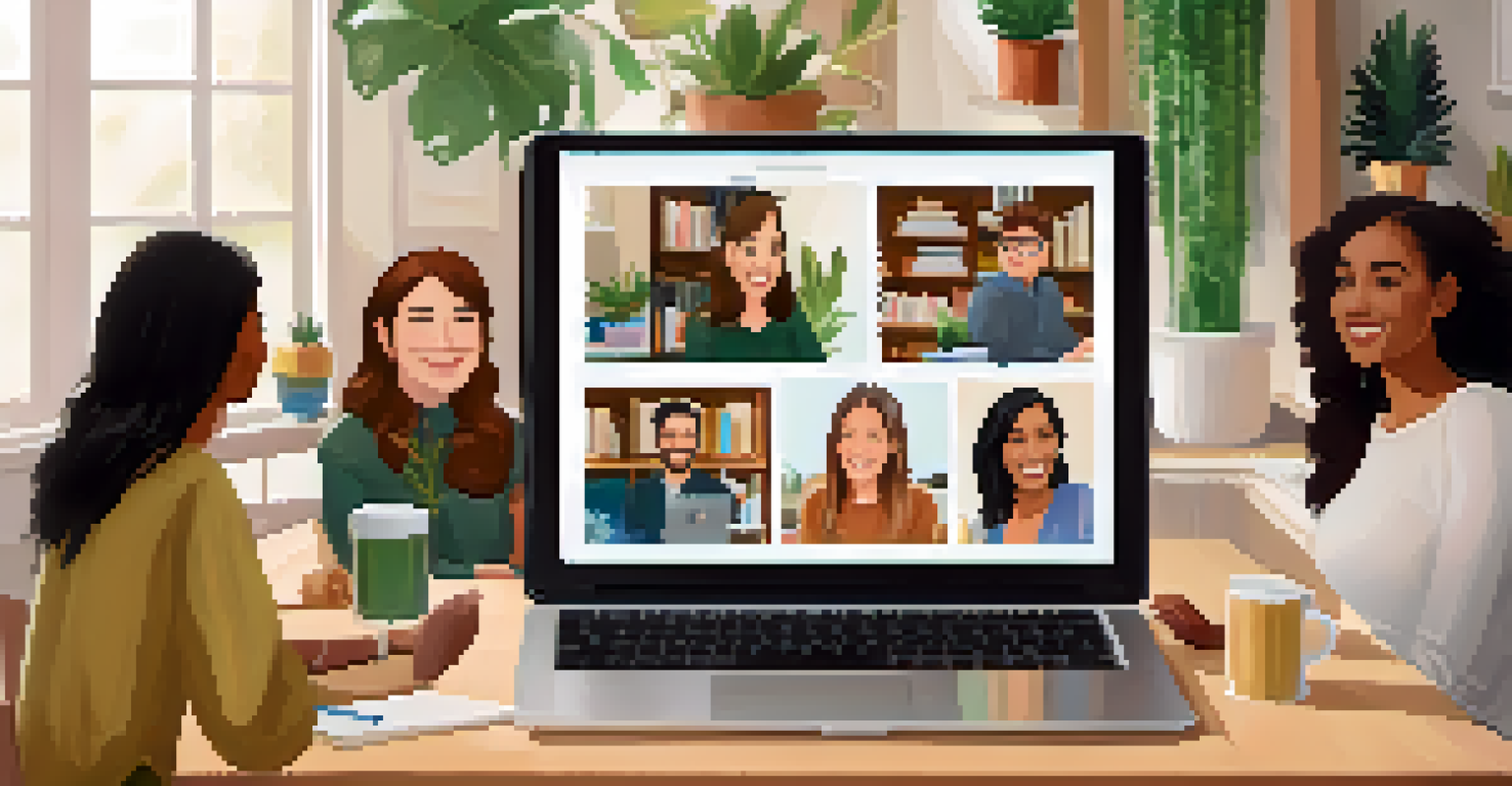 An online peer support session displayed on a laptop screen, showing individuals engaged in a compassionate discussion in a cozy home office.