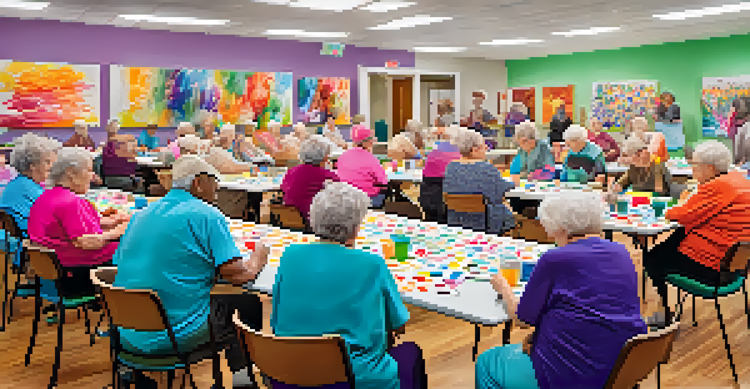 Seniors participating in an art class at a community center, surrounded by colorful canvases and art supplies, engaged and laughing.