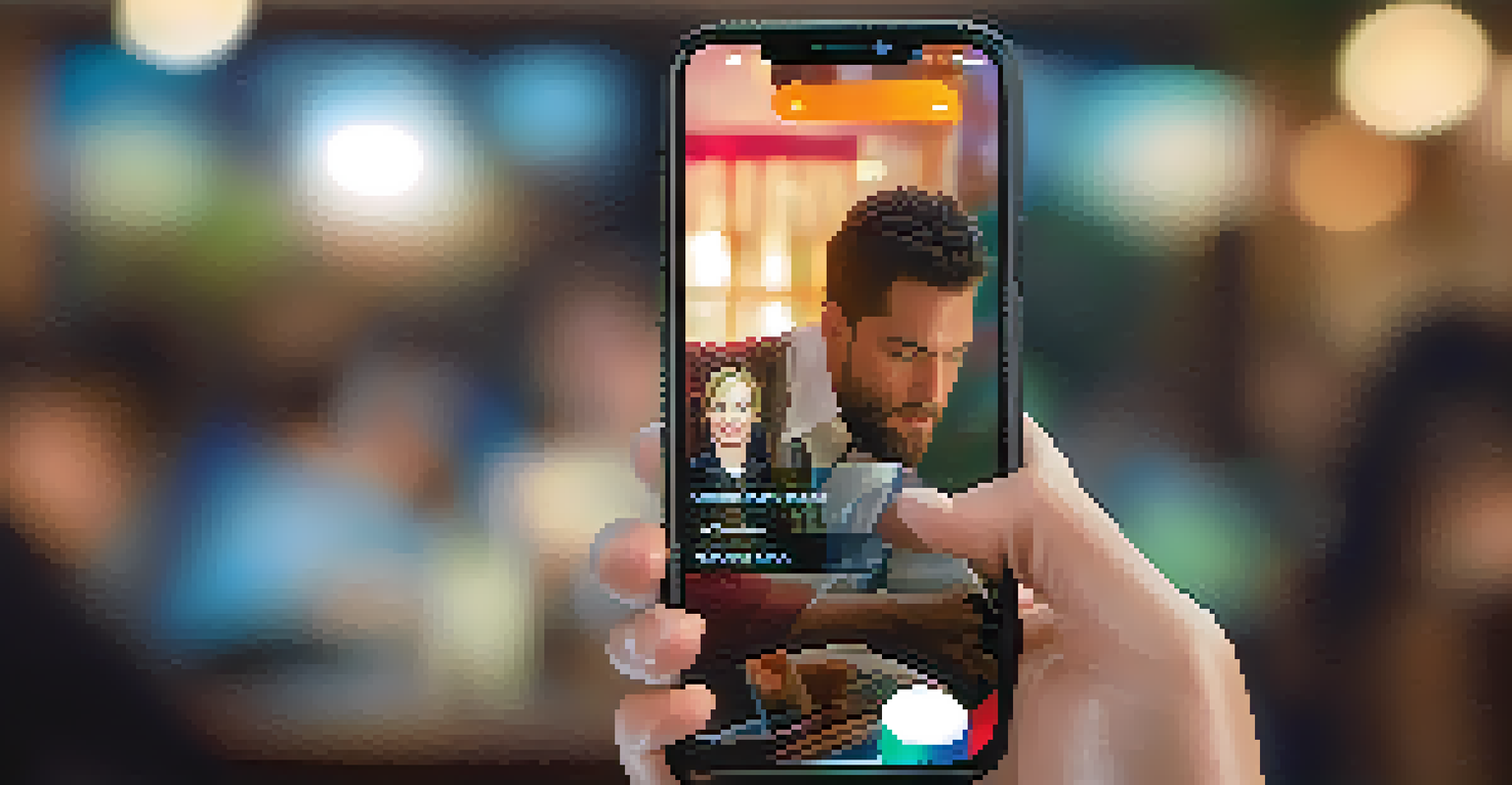 A close-up of a person focused on a smartphone displaying a video streaming app with a vibrant scene from a TV show, against a blurred background.