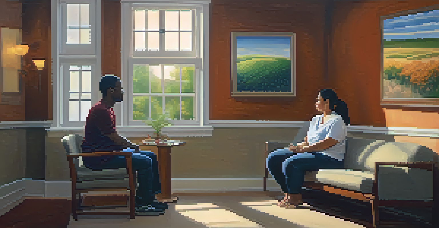 A cozy therapy room with a therapist and a young man in a supportive conversation, surrounded by calming decor and soft lighting.