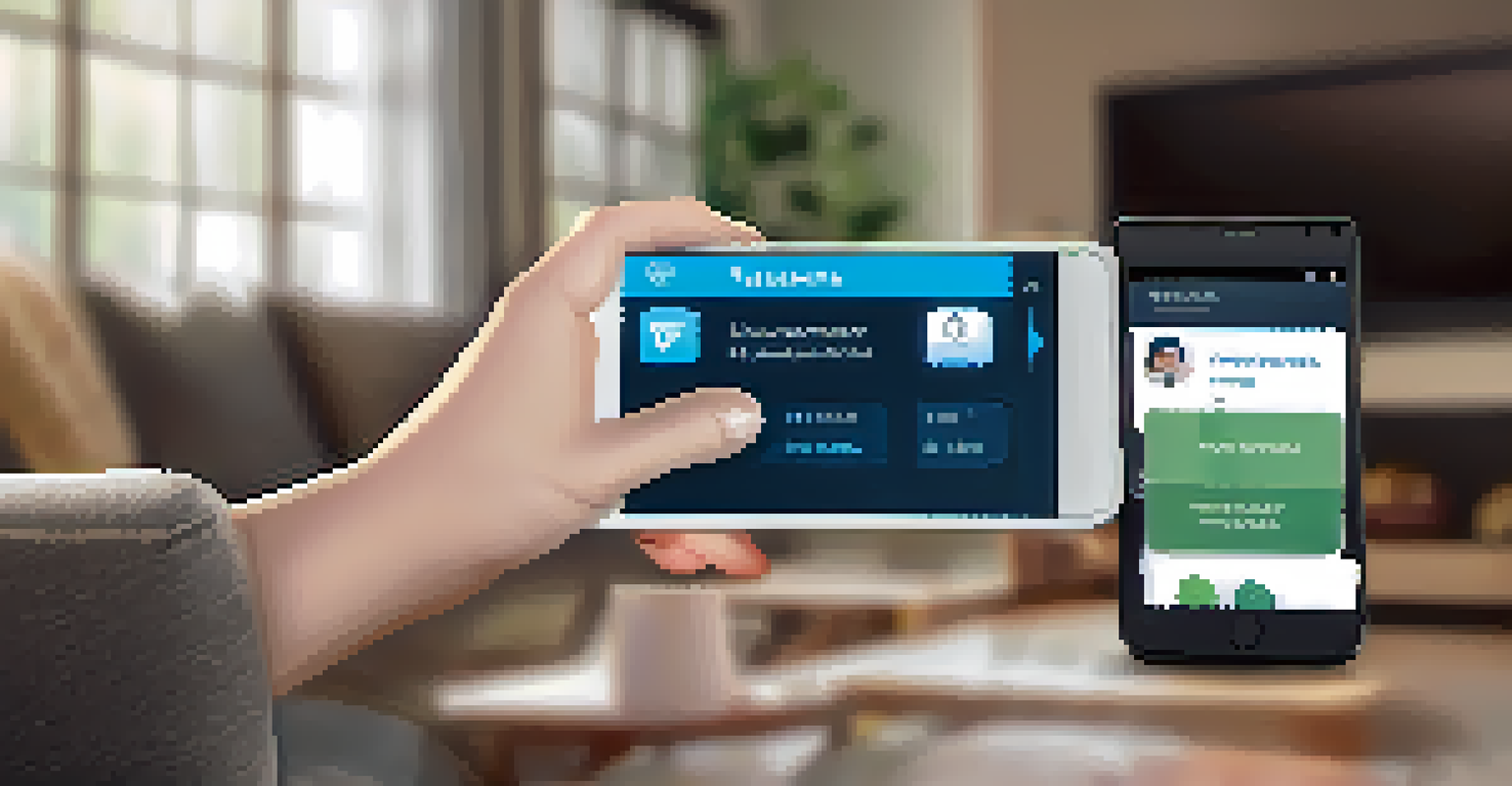 A close-up of a hand using a telehealth app on a smartphone, with a cozy home setting in the background, highlighting modern treatment accessibility.