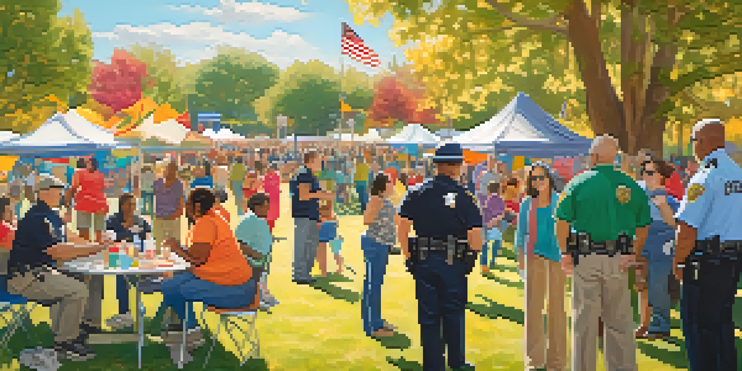 A community event with law enforcement officers and residents discussing addiction awareness in a park, with colorful banners and booths.