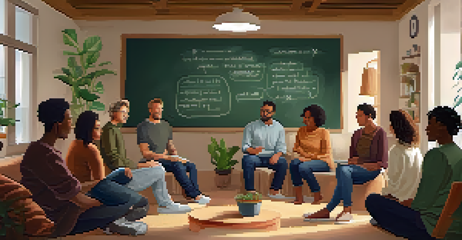 A support group gathering in a warm room, with individuals sitting in a circle sharing stories, surrounded by cushions and plants.