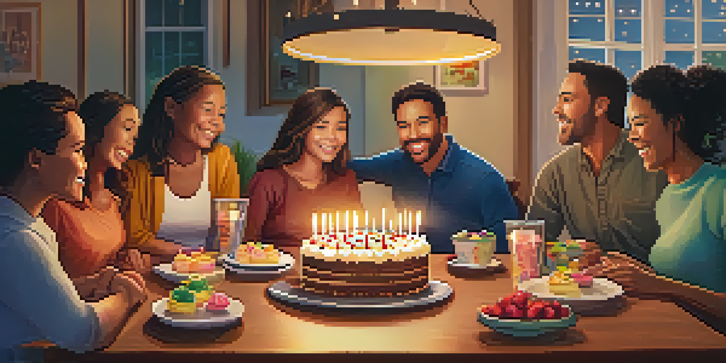 A family gathered around a dining table, celebrating a recovery milestone with smiles and a cake.