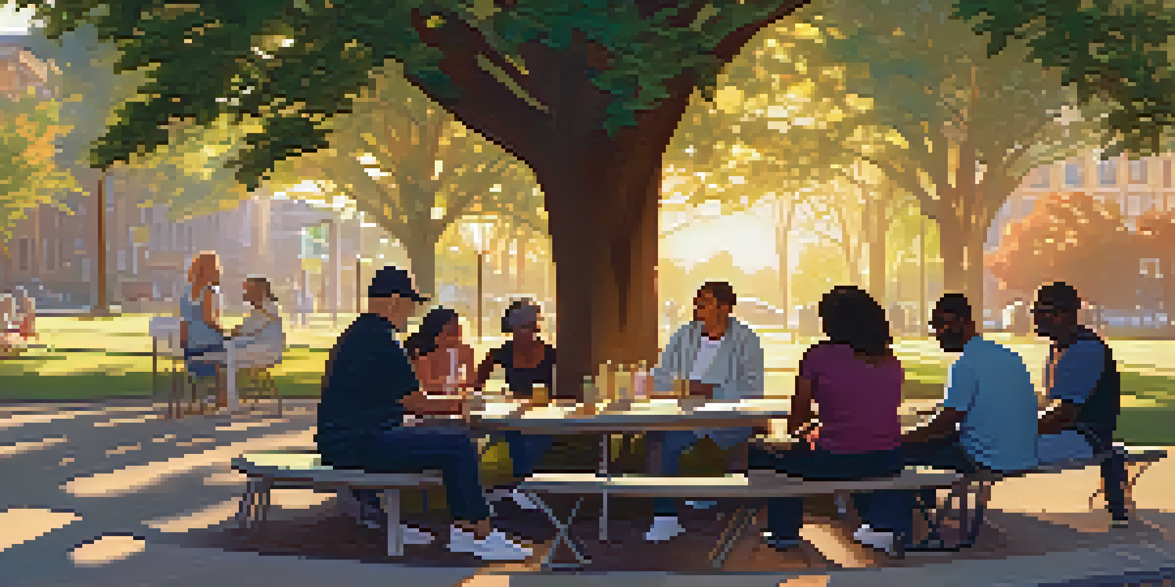 An urban park with people engaging in conversation, support groups, and a table with harm reduction pamphlets during sunset.