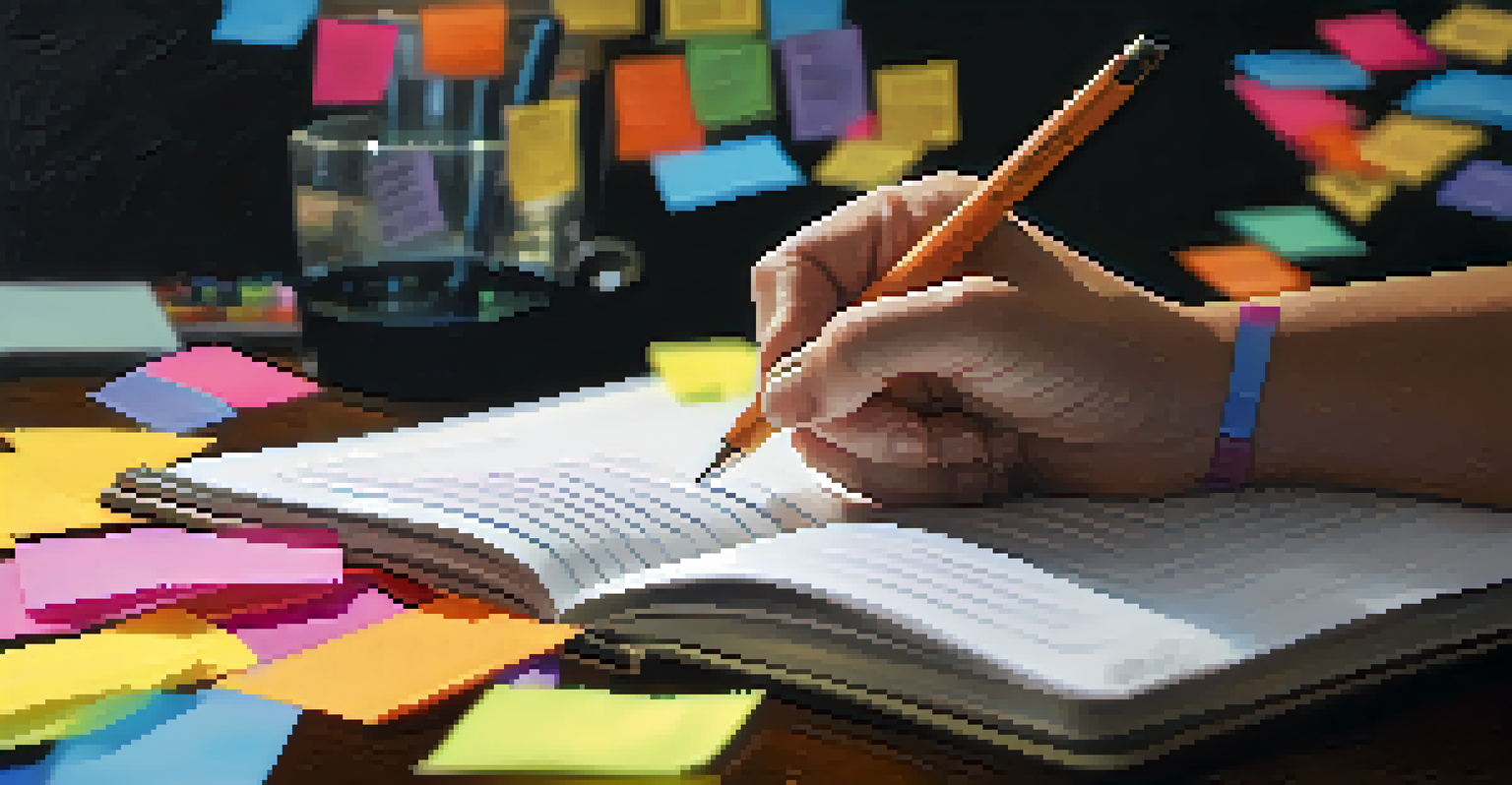 A close-up of a person’s hand writing in a journal with colorful sticky notes around, symbolizing thoughts and feelings during their recovery journey.