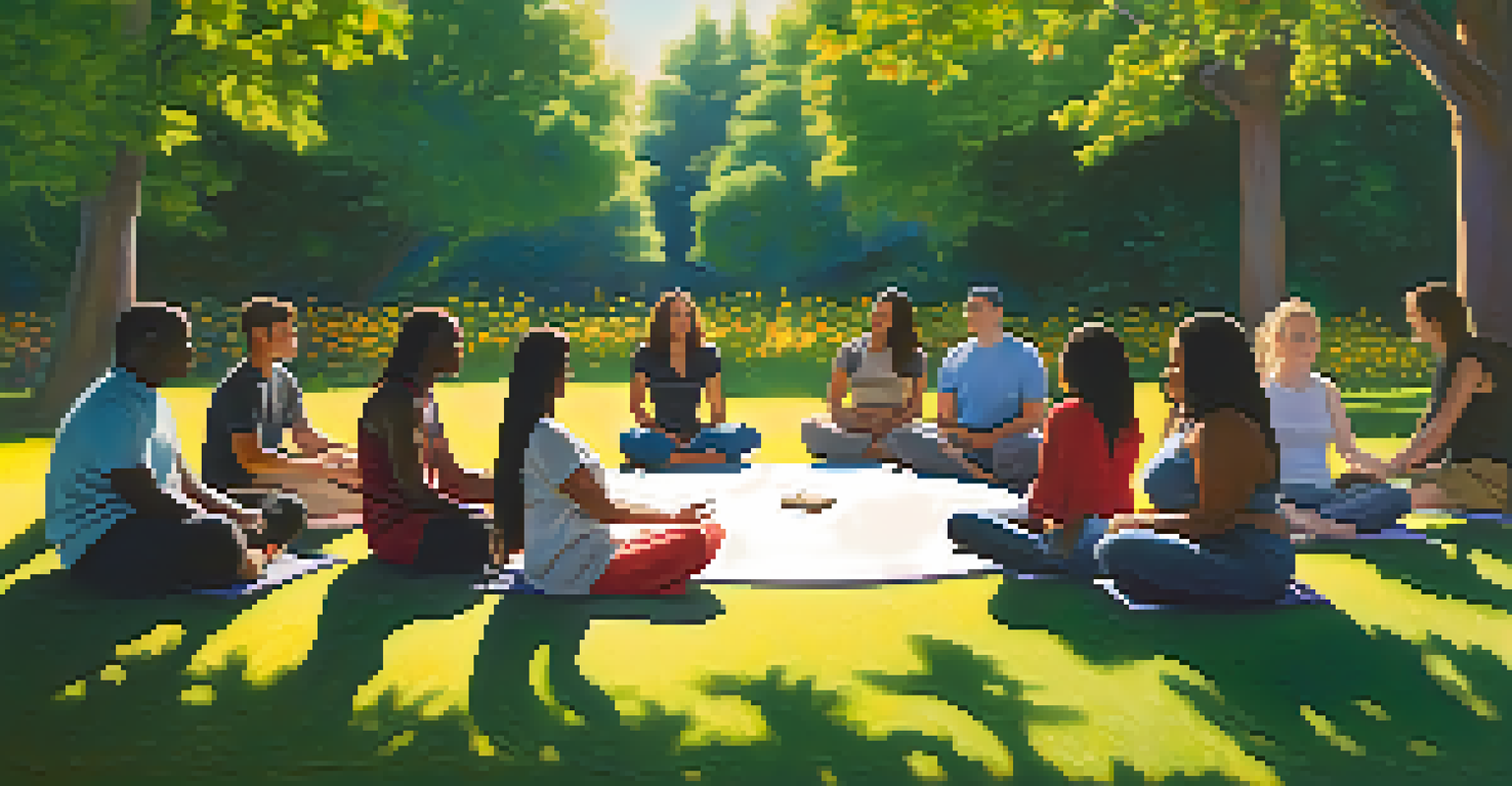 A diverse group of individuals meditating together in a sunlit park, surrounded by flowers and greenery.