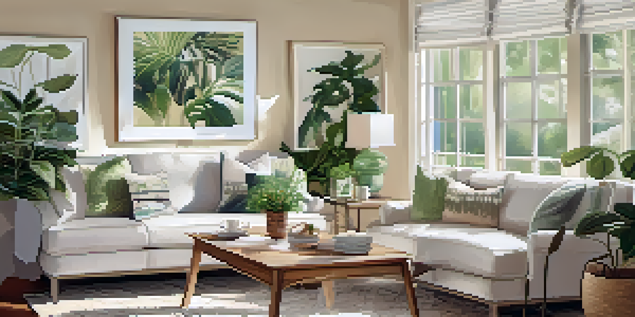 A family of four sitting on a sofa in a cozy living room, engaging in conversation with family photos on the walls.