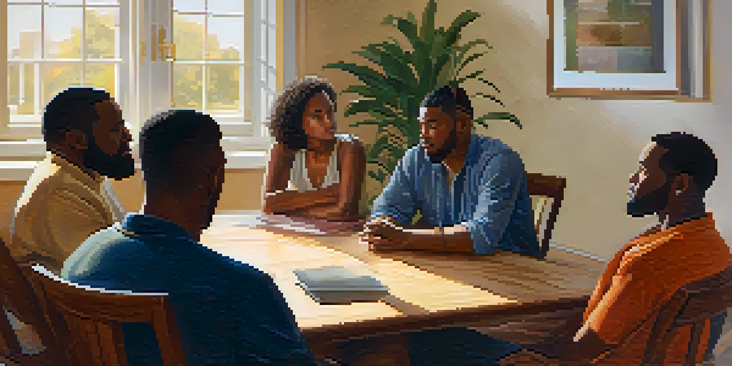 A diverse group of people in a support group meeting, showing empathy and understanding, with warm lighting and a plant in the center.