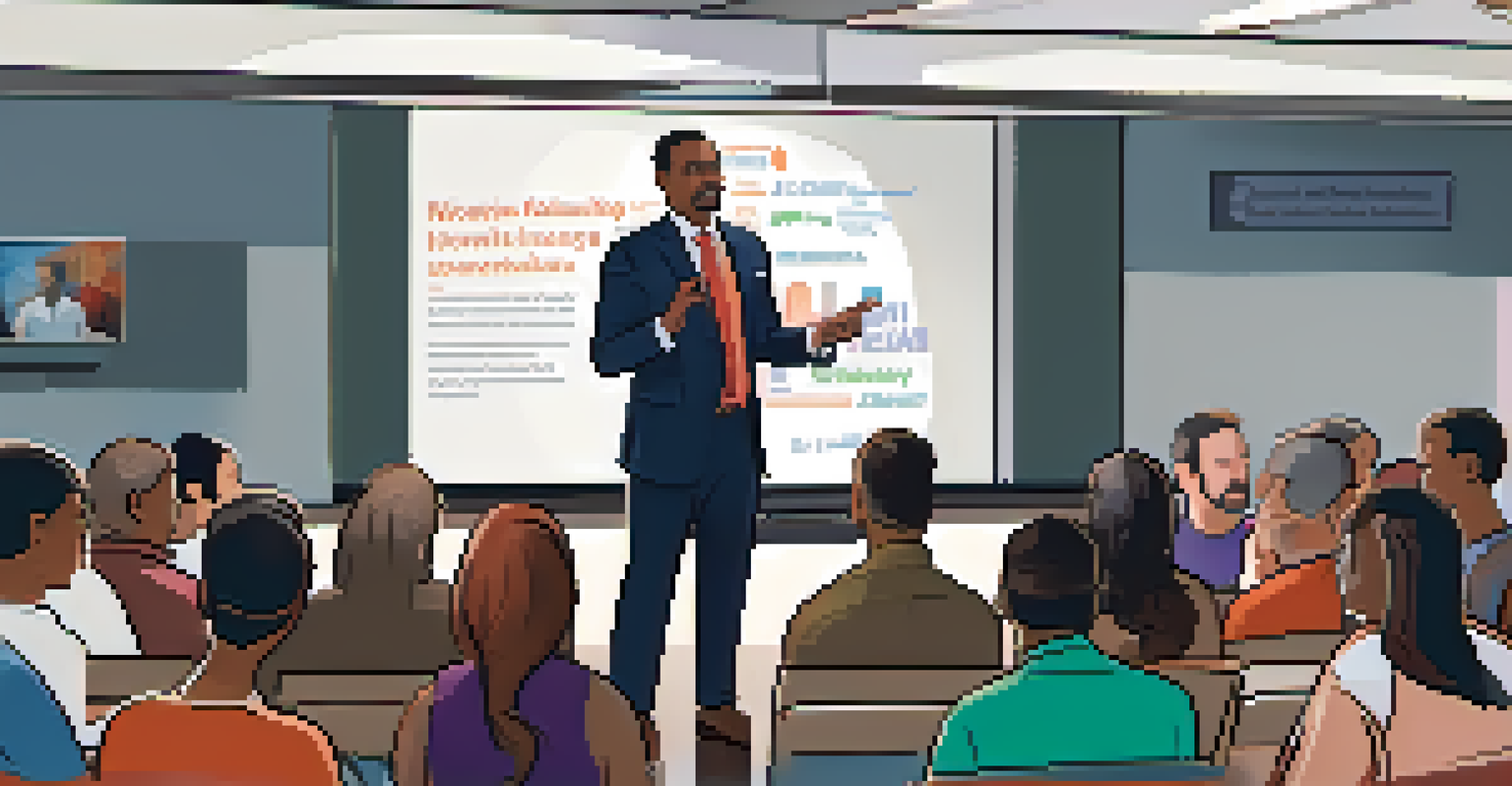 A community leader presenting at a seminar, engaging a diverse audience with motivational posters in the background and a presentation screen.