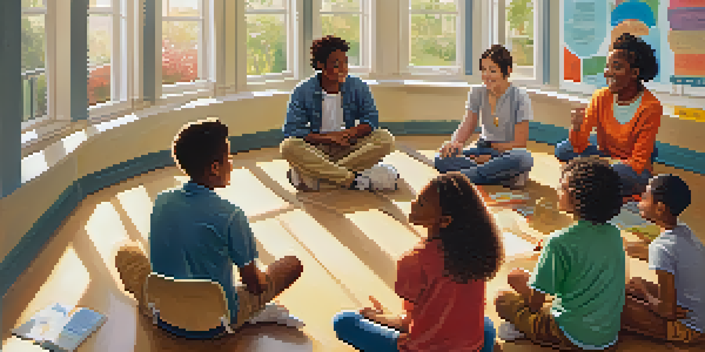A group of diverse young people in a classroom discussing healthy choices, with educational posters and sunlight coming through the windows.