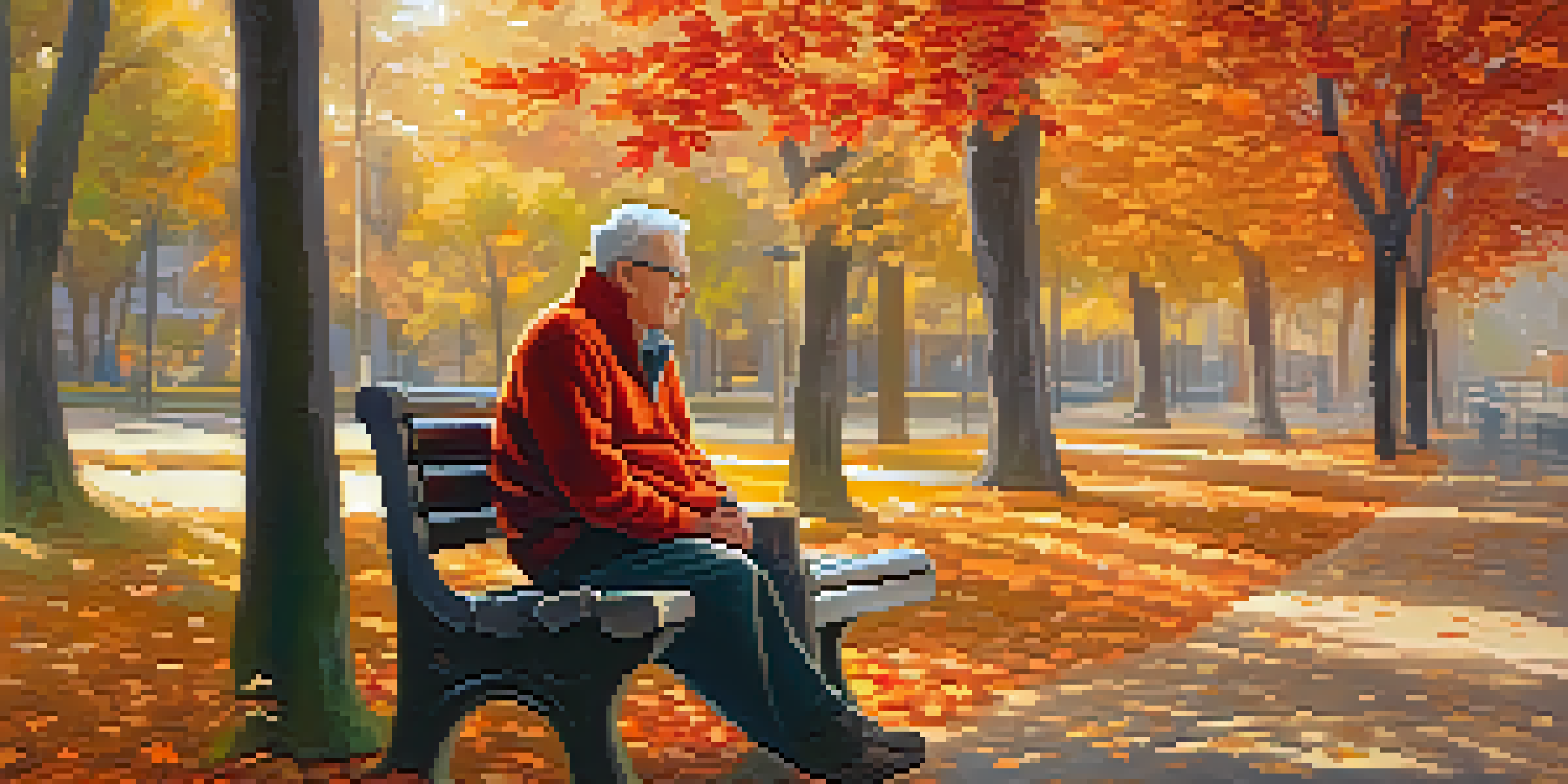 An older adult sitting on a park bench in autumn, surrounded by colorful leaves and soft sunlight.