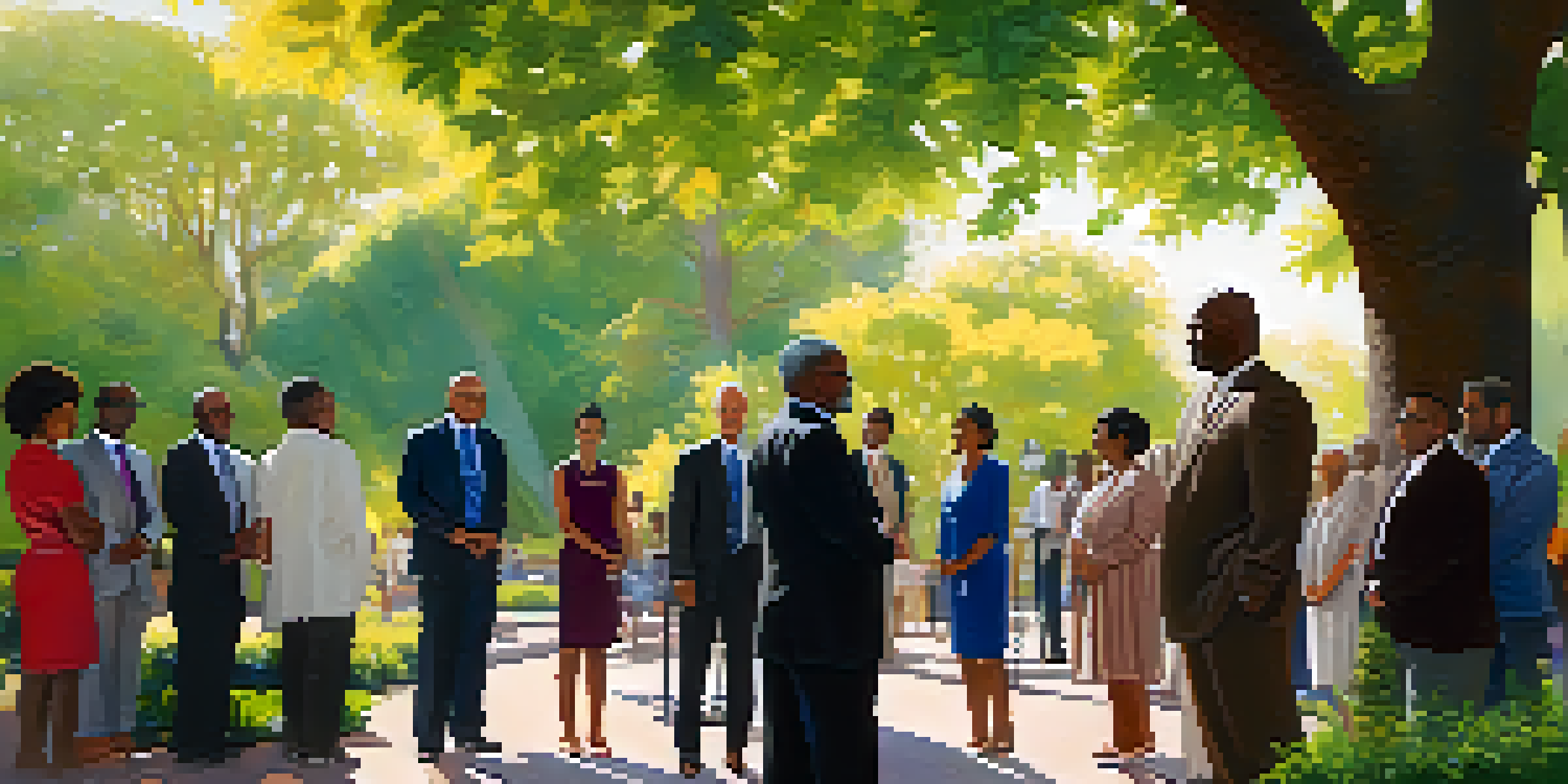 A diverse group of people representing community leaders in a park, engaged in discussion about addiction strategies, surrounded by lush greenery and sunlight.