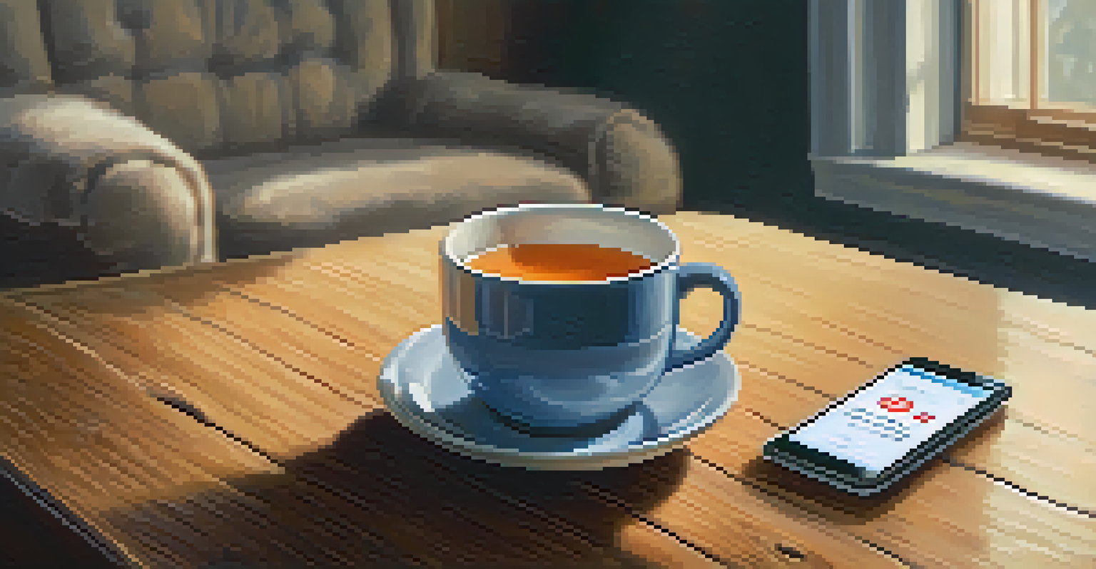 A close-up of a hand holding a phone displaying a hotline number, with a comforting home background and a cup of tea.