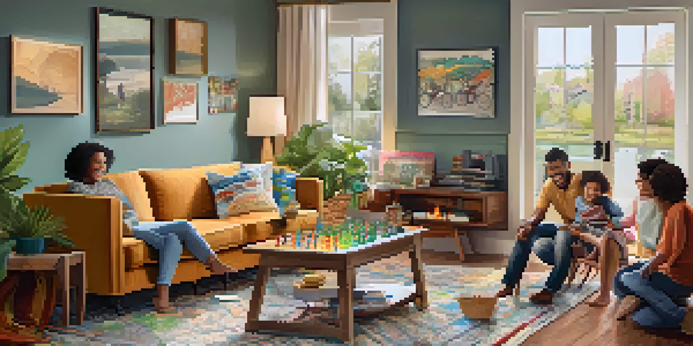 A diverse family playing board games in a cozy living room, showcasing joy and connection.