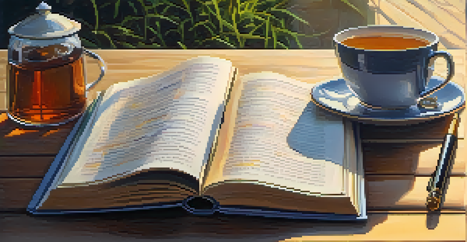 An open book about addiction recovery on a wooden table with a cup of tea and notes, illuminated by warm sunlight.