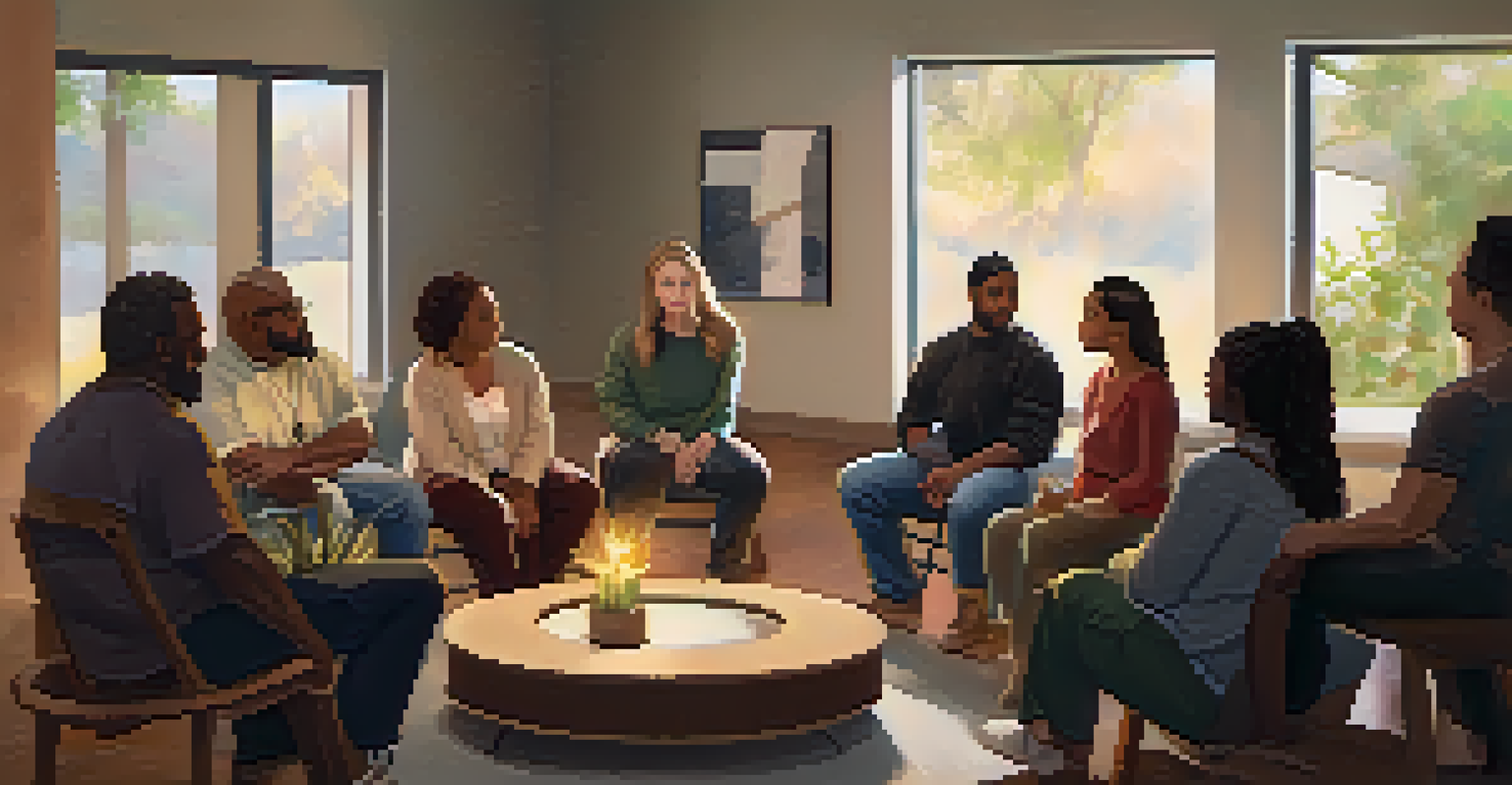 A diverse group of people sitting in a circle during a support group session.