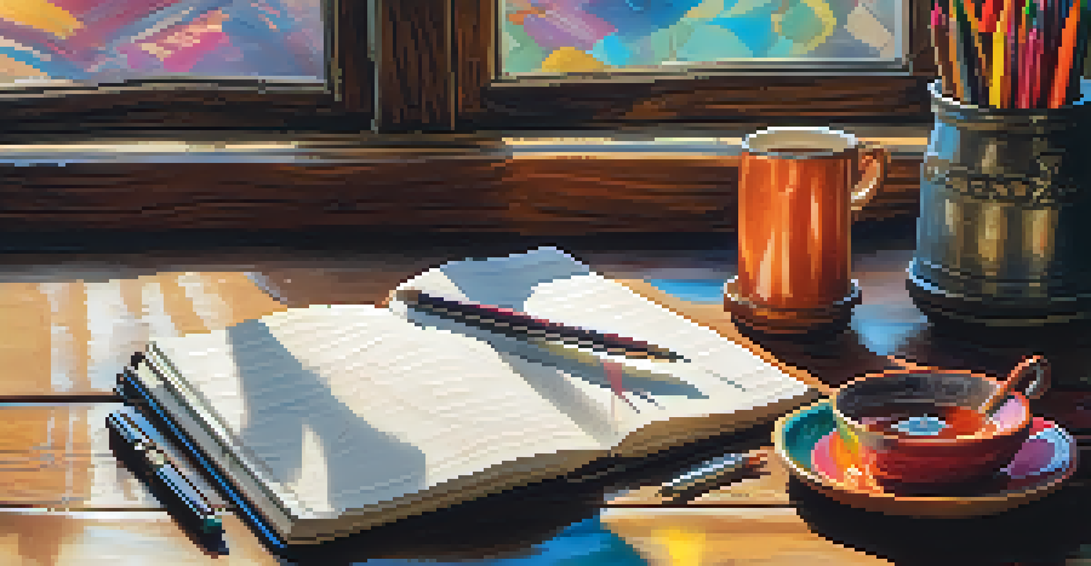 A close-up of hands journaling in a leather notebook with colorful pens and a cup of tea on a wooden table.