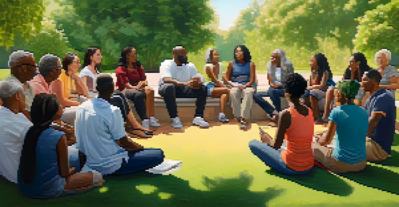 A supportive community meeting in a park with diverse individuals sharing experiences in a warm and inviting setting.