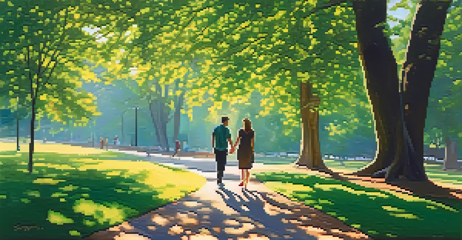 A couple walking hand in hand in a sunny park, surrounded by green trees and dappled sunlight.