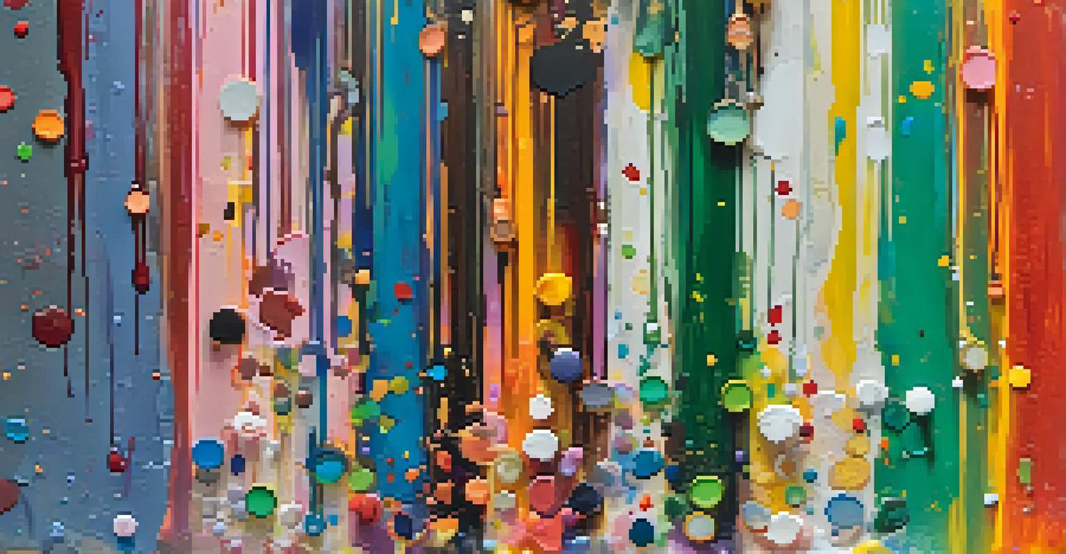 A close-up view of an abstract painting in progress, showcasing vibrant colors and textures with brushes nearby.
