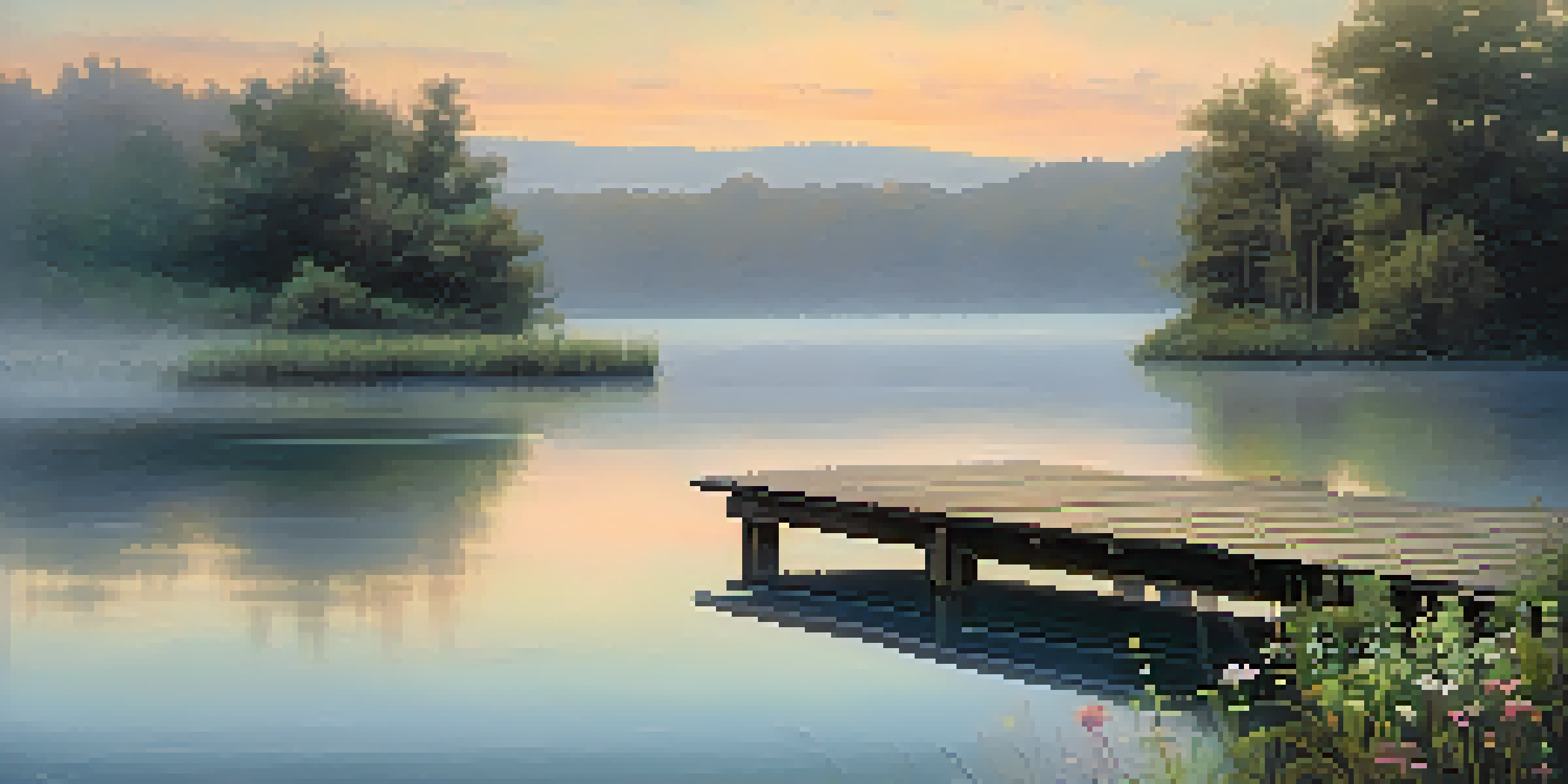 A peaceful sunrise over a calm lake with a wooden dock surrounded by greenery and wildflowers.