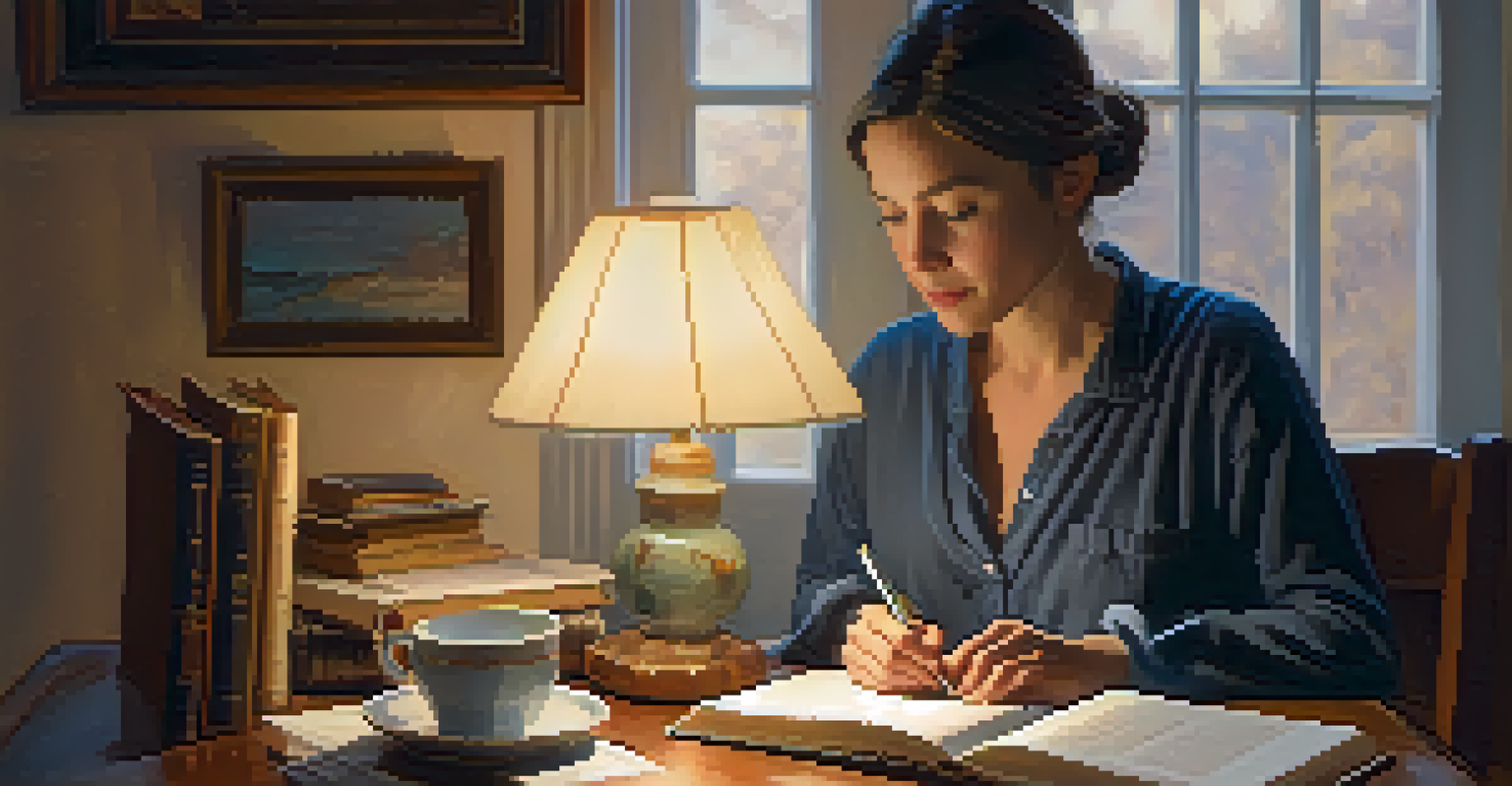 A person journaling in a cozy room filled with books, with warm lighting and a cup of tea, portraying self-reflection and healing.