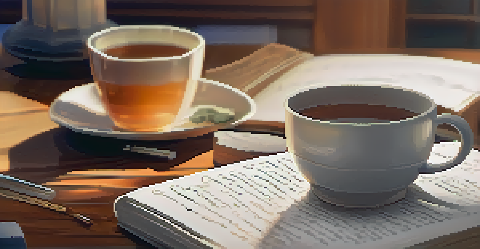 A close-up of an open journal with handwritten notes about thoughts and feelings, accompanied by a pen and a warm cup of tea in a softly lit workspace.
