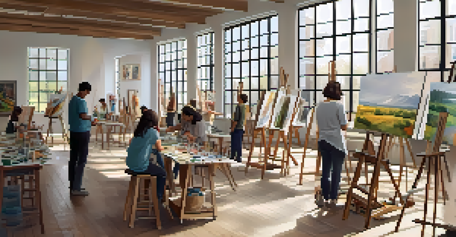 An art workshop with easels and participants of different ages creating art projects in a bright, welcoming environment.