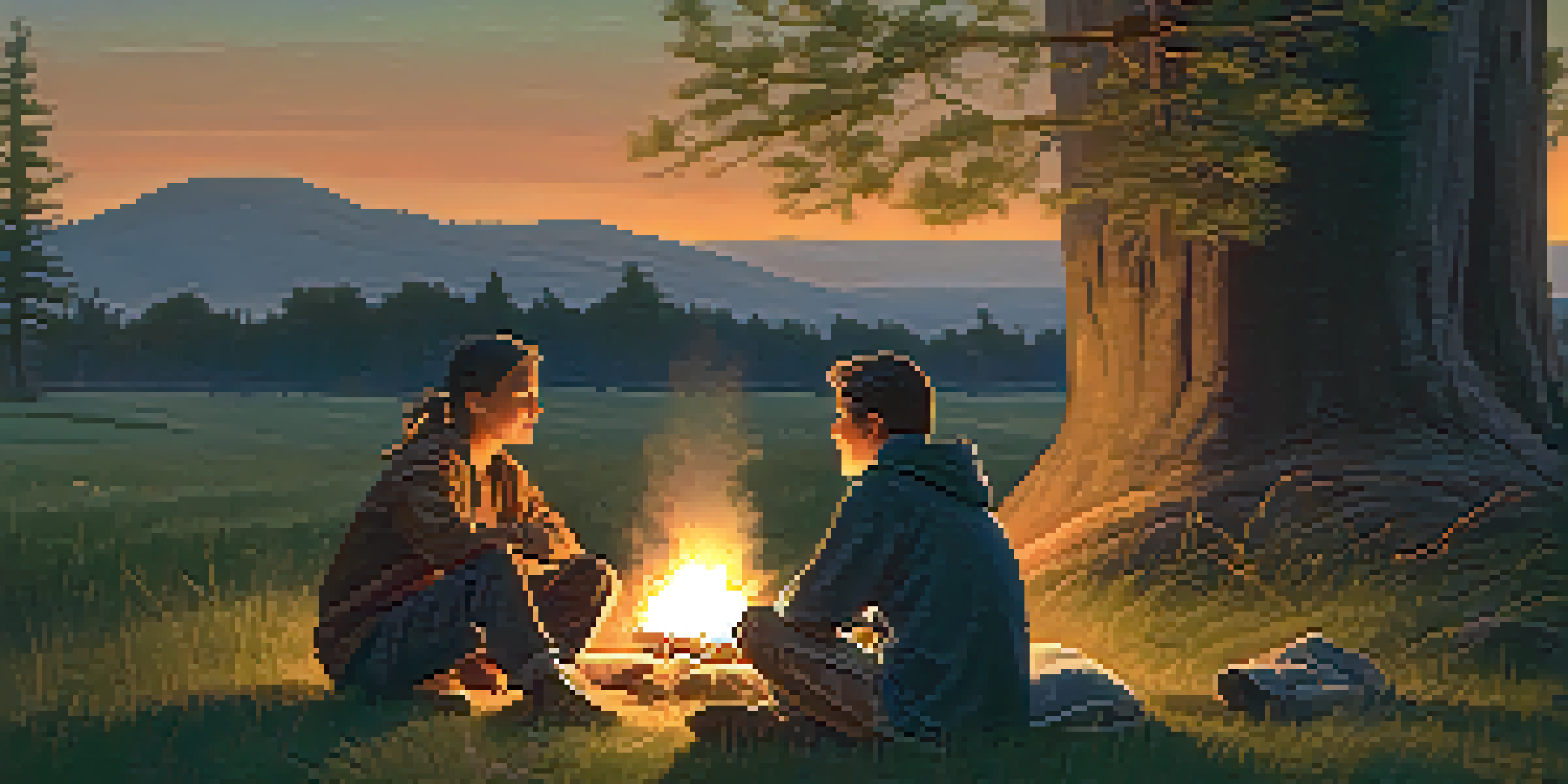 A mentor and mentee sitting around a campfire under the stars, sharing stories, with trees in the background.