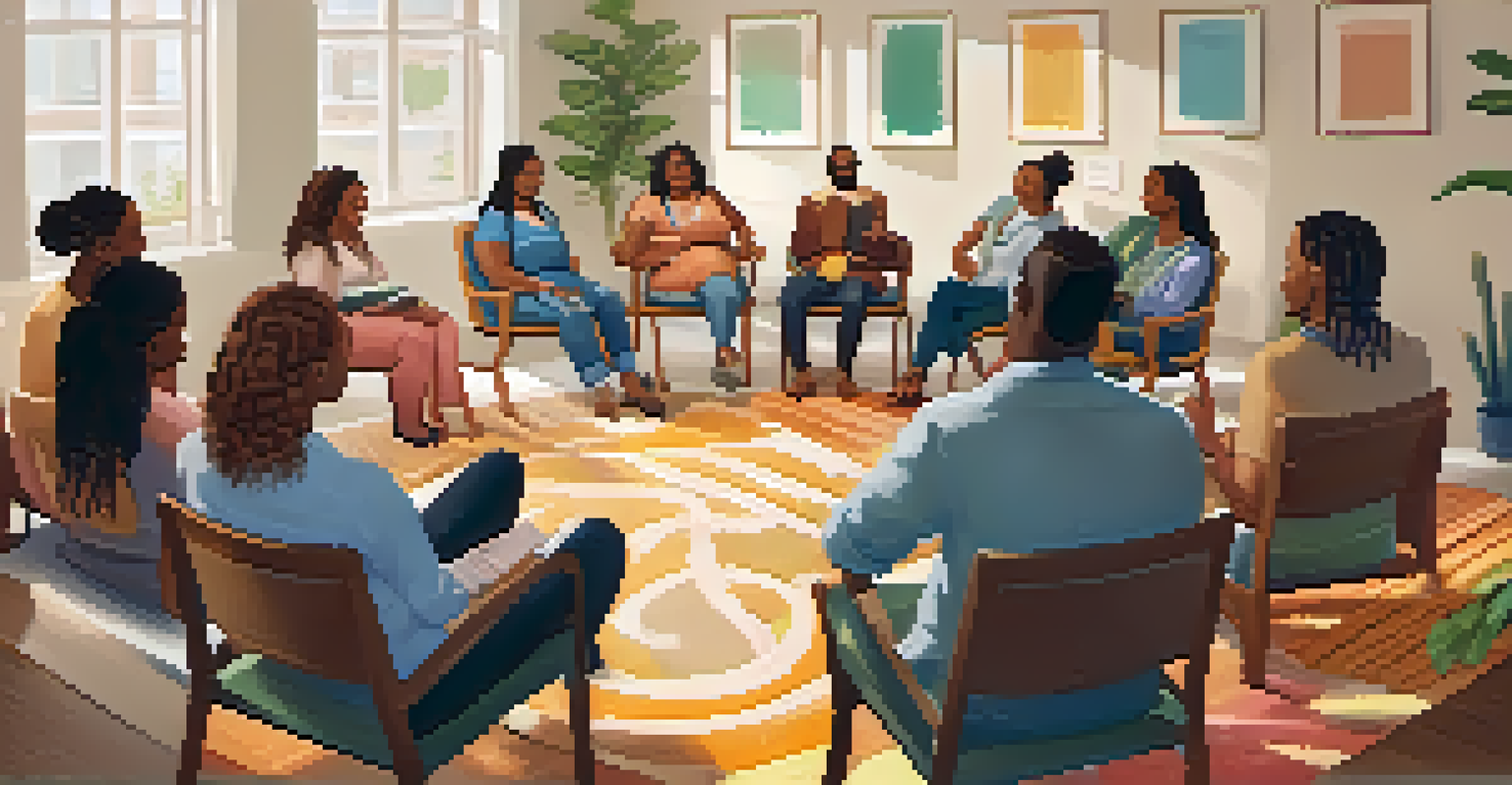 A diverse group of individuals sitting in a circle, sharing encouragement and support in a warm, inviting room.
