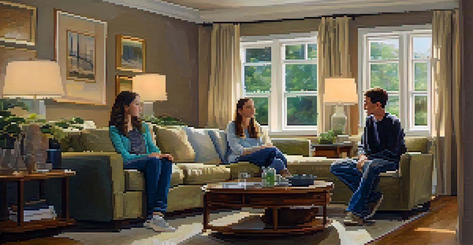 A parent and teenager engaged in a meaningful conversation in a cozy living room.