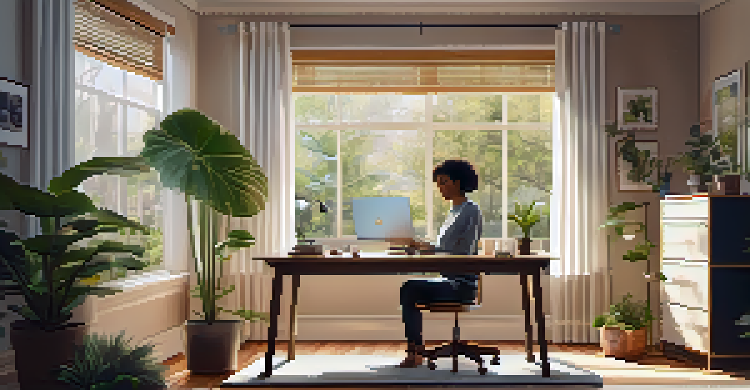 A peaceful home office where a person is participating in a telehealth therapy session on their laptop, surrounded by plants.